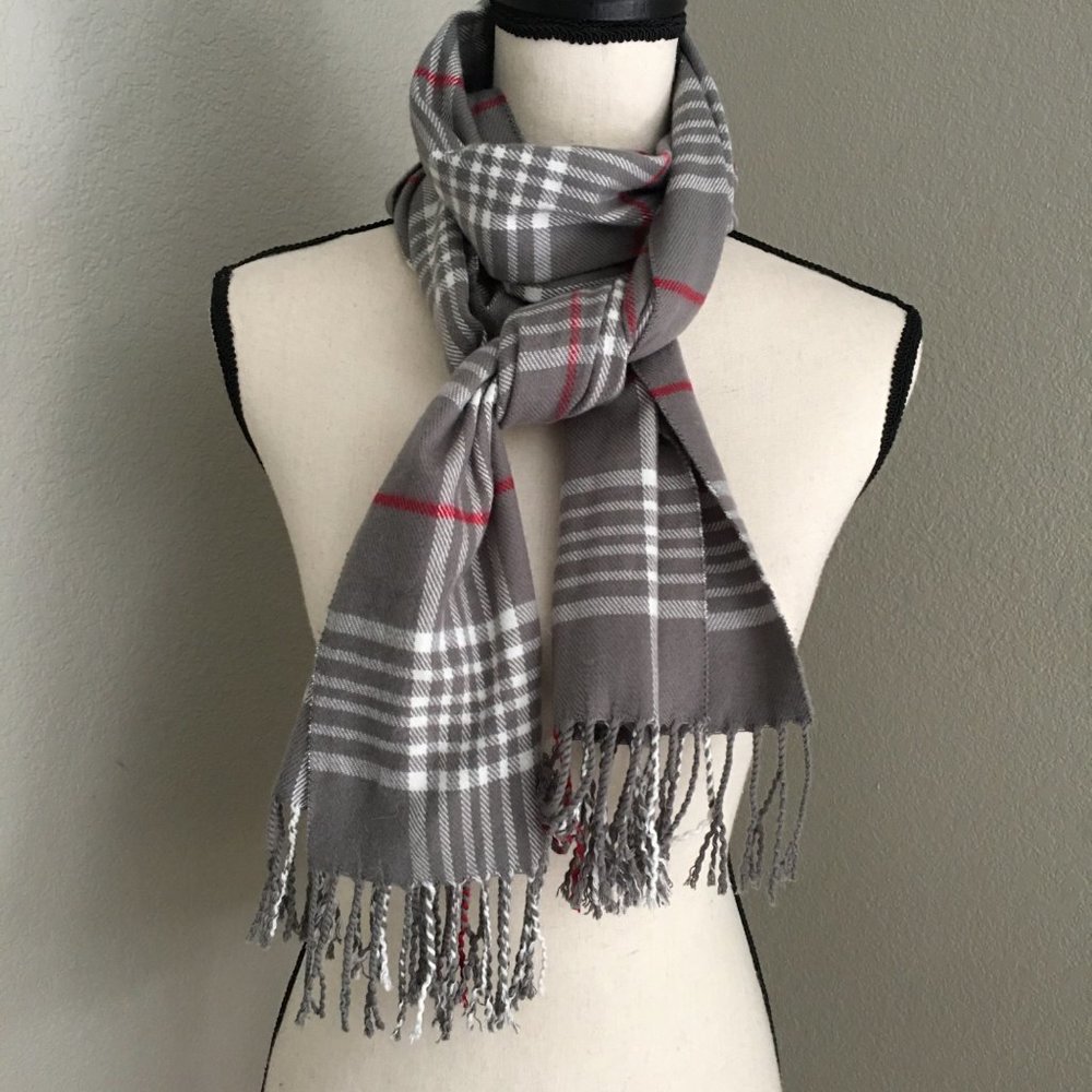Grey White Red Plaid Fringe Scarf